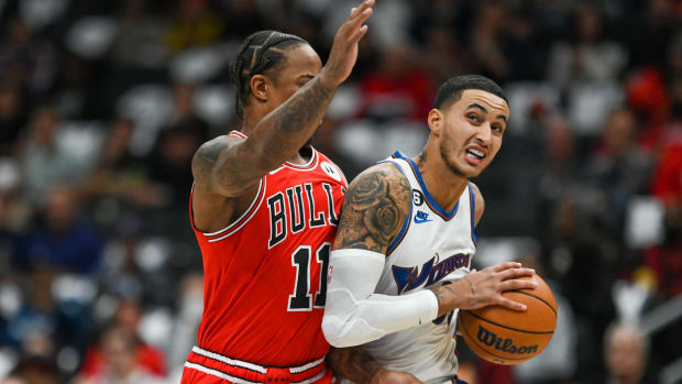 October 21, 2022; Washington Wizards forward Kyle Kuzma on offense vs. Chicago Bulls star DeMar DeRozan at Capital One Arena